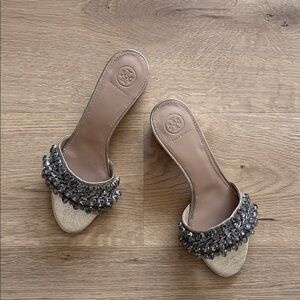 Tory Burch Beverly Metallic Gold and Black Embellished Mules